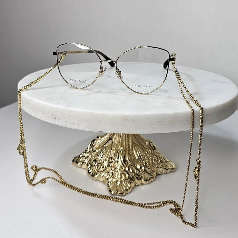 JIMMY‎ CHOO 52 MM gold-toned women's eyeglasses frames with removable chain.
